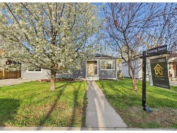 Charming gray home with a well-manicured lawn and blossoming tree at 940 Hooker St, Denver, CO 80204