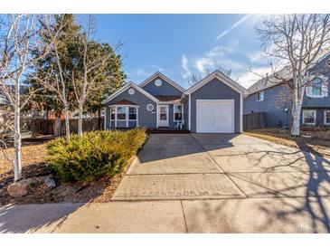 Charming blue home with a well-manicured lawn and a single-car attached garage at 17665 E Temple Dr, Aurora, CO 80015