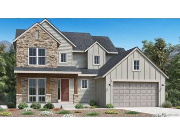 Inviting two-story home with stone accents, covered porch, and attached two car garage at 6299 Cristobal Pt, Parker, CO 80134