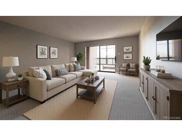 Inviting living room features a comfortable sectional sofa, neutral decor, and a sliding glass door at 13991 E Marina Dr # 505, Aurora, CO 80014