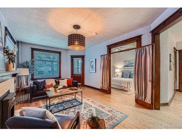 Inviting living room with a comfortable leather sofa, stylish rug, and seamless access to the cozy bedroom space at 125 E 11Th Ave # 2, Denver, CO 80203