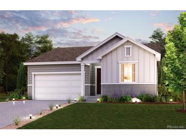 Charming single-Gathering home featuring a two-car garage, landscaped front yard, and modern architectural details at 14390 Heritage Dr, Mead, CO 80504