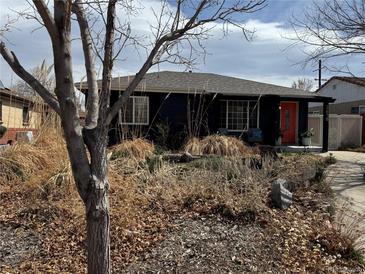 Charming home features a dark exterior, front yard landscaping and a cheerful red front door at 3610 Olive St, Denver, CO 80207