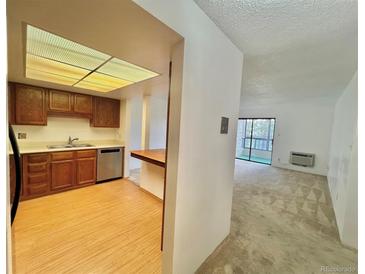 Bright kitchen featuring wood cabinets, stainless steel appliances, and an opening to the carpeted living room at 13992 E Marina Dr # 303, Aurora, CO 80014