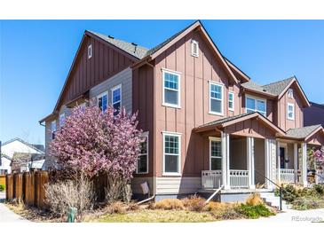 Inviting two-story home featuring a covered porch and a blossoming tree in the front yard at 8951 E 59Th Pl, Denver, CO 80238
