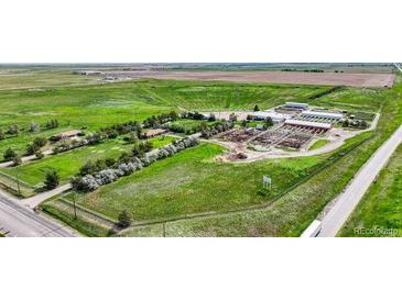 Expansive aerial view of a multi-building property surrounded by lush greenery and agricultural fields at 1614 N Manila Rd, Bennett, CO 80102