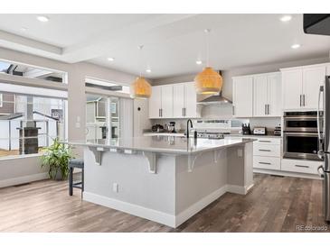 Modern kitchen featuring a large island with seating, stainless appliances, and ample natural light from large windows at 22025 E 45Th Ave, Aurora, CO 80019