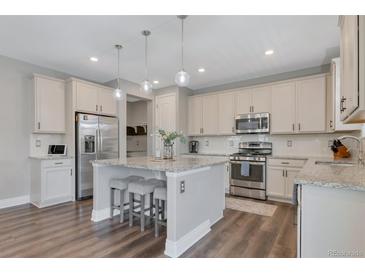Modern kitchen with stainless steel appliances, granite countertops, and a spacious center island at 2538 Ambience Ln, Castle Rock, CO 80109