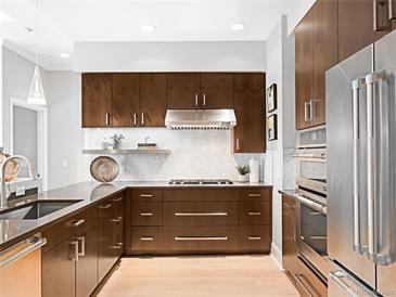 Modern kitchen featuring stainless steel appliances, sleek cabinets, and a stylish backsplash at 7600 Landmark Way # 914, Englewood, CO 80111
