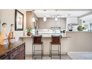 Modern kitchen featuring stainless steel appliances, light wood cabinets, and a breakfast bar with seating for two at 2 Adams St # 305, Denver, CO 80206