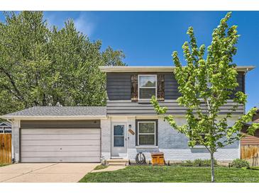 Charming home with a gray and white exterior, a well-kept lawn, and a spacious two-car garage at 10541 Routt St, Westminster, CO 80021