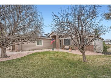 Ranch-style home featuring a well-manicured front lawn, American flag, mature trees, and a charming brick entryway at 3562 Pine Meadow Ave, Parker, CO 80138