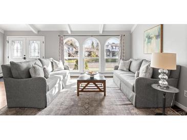 Bright living room with dual sofas, decorative rug, and arched windows offering natural light at 10795 E Powers Dr, Englewood, CO 80111