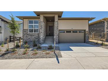 Charming single-Gathering home featuring stone accents, landscaped front yard, and an attached two-car garage at 20 Leafy Aster Ln, Castle Rock, CO 80104