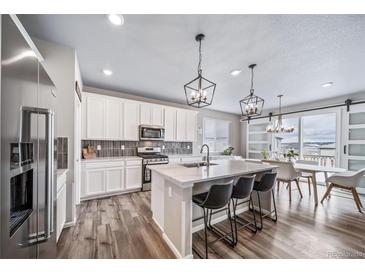 Bright kitchen with white cabinets, an island with seating, stainless steel appliances and modern pendant lighting at 18103 House Finch Ln, Parker, CO 80134