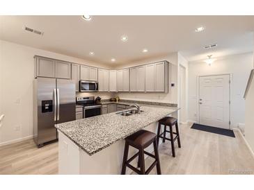 Modern kitchen featuring stainless steel appliances, granite countertops, and light gray cabinetry at 14700 E 104Th Ave # 1404, Commerce City, CO 80022