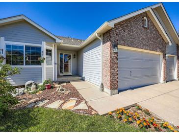 Charming single Gathering home showcasing a brick facade and a 2-car garage with flower bed at 3859 Rawhide Cir, Castle Rock, CO 80104
