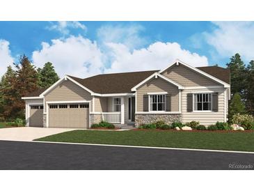 Charming single-Gathering home boasting a two-car garage, manicured lawn, and stone accents under gray shutters at 1616 Green Fern Pt, Castle Rock, CO 80104