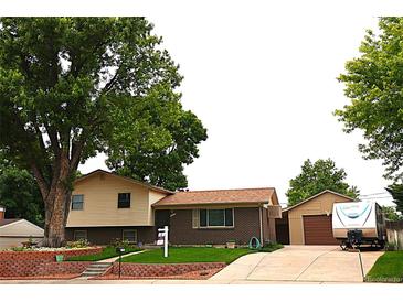 Charming split-level home with brick accents, mature trees, and a spacious front yard at 11823 Williams Way, Northglenn, CO 80233