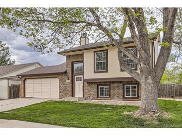 Two story house with light brick, large tree, and manicured lawn on an overcast day at 9374 W Friend Dr, Littleton, CO 80128