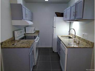 A functional kitchen with modern appliances, granite countertops and grey cabinets at 10792 E Exposition Ave Ave # 254, Aurora, CO 80012