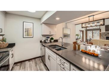 Modern kitchen boasts stainless steel appliances, gray countertops, and opens to a dining and living area at 23566 Pondview Pl # F, Golden, CO 80401