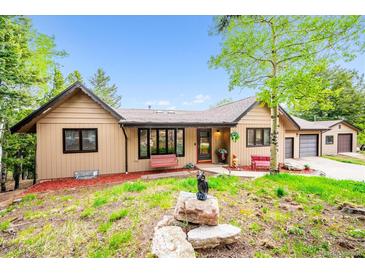 Charming home exterior featuring a well-maintained lawn and inviting front porch seating at 11094 Thomas Dr, Conifer, CO 80433