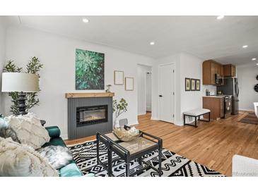 Cozy living room with a fireplace, modern decor, and a stylish black and white rug at 949 Pontiac St, Denver, CO 80220