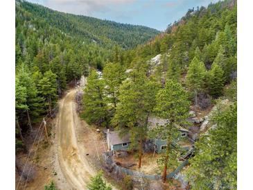 Charming two-story home tucked away in a serene, wooded area with a winding dirt road at 1608 Beaver Brook Canyon Rd, Evergreen, CO 80439