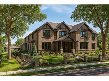 Charming two-story home with a brick facade, manicured lawn and a beautiful garden area surrounded by a wrought iron fence at 343 S Gaylord St, Denver, CO 80209