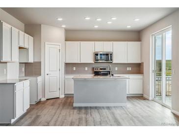 Bright kitchen features white cabinets, stainless steel appliances and a center island at 4255 Gozzer Ranch Dr, Elizabeth, CO 80107