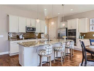 Modern kitchen boasts granite countertops, stainless steel appliances, and stylish island seating at 3309 Thornwood Ct, Castle Rock, CO 80108