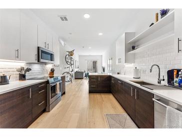Modern kitchen featuring stainless appliances, white cabinets, backsplash and hard wood floors, perfect for cooking at 2550 Lawrence St # Rb308, Denver, CO 80205
