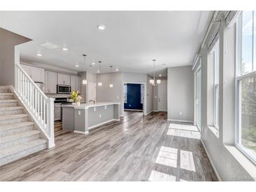 Open-concept living space featuring light wood floors, gray accents, and plenty of natural light at 3429 Hardin St, Castle Rock, CO 80109