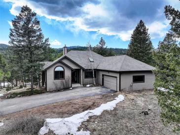 Charming single-story home with a well-maintained lawn, mature trees, and a paved driveway at 9299 William Cody Dr, Evergreen, CO 80439