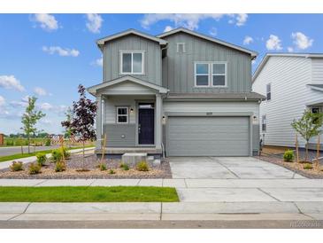 Charming two-story home features a gray exterior, landscaped yard, and an attached two-car garage at 2177 Flower Blossom Ave, Brighton, CO 80601