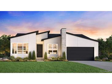 Modern exterior featuring a stone chimney, black garage door, and sleek architectural details at 12614 E Fremont Dr, Littleton, CO 80127