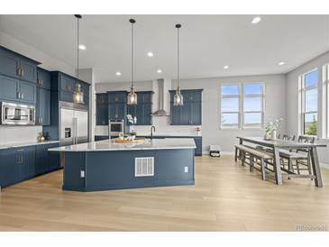 Bright, open kitchen featuring blue cabinetry, a large island with pendant lighting, and stainless steel appliances at 14341 Beebalm Loop, Parker, CO 80134
