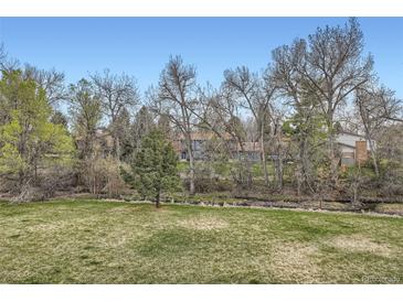 Scenic backyard featuring mature trees and lush lawn, creating a peaceful outdoor setting at 444 Vance St, Lakewood, CO 80226