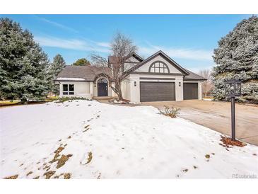 Two-story home with a snow-covered front yard, attached three-car garage, and updated exterior at 44 Spyglass Dr, Littleton, CO 80123