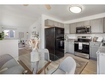 Bright eat-in kitchen featuring grey cabinets, stainless steel appliances, and a glass dining table at 3251 N Madison St, Denver, CO 80205