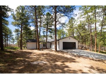 Charming single-Gathering home with a two-car garage surrounded by lush trees and fresh landscaping at 14546 Pine View Rd, Larkspur, CO 80118