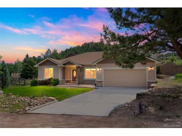 Charming ranch home with a two-car garage and a well-manicured front yard in a serene setting at 119 Lake Ave, Palmer Lake, CO 80133