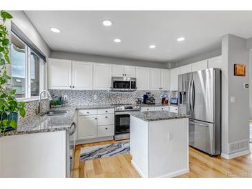 Bright kitchen featuring stainless steel appliances, granite countertops, and white cabinets at 5075 Weeping Willow Cir, Highlands Ranch, CO 80130