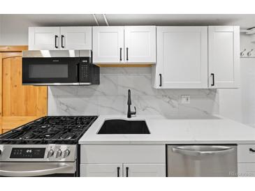 Modern kitchen featuring stainless steel appliances and a black sink at 5012 W 36Th Ave # 5, Denver, CO 80212