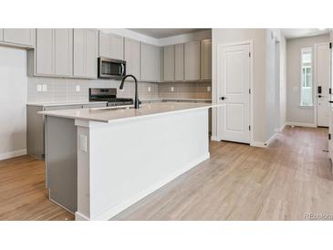 Bright kitchen features gray cabinets, stainless steel appliances, island and wood flooring at 14123 Deertrack Ln, Parker, CO 80134