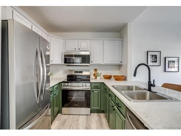 Modern kitchen featuring stainless steel appliances and stylish two-tone cabinetry at 2642 Devonshire Ct, Denver, CO 80229