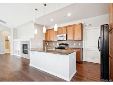 Bright kitchen features granite counters, wood cabinets, stainless appliances, and hardwood floors at 11932 W Long Cir # 201, Littleton, CO 80127