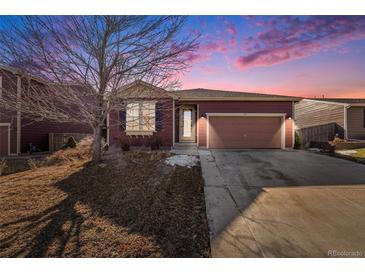 Ranch style home with a two-car garage and landscaped yard at 851 Lonewolf Cir, Lochbuie, CO 80603