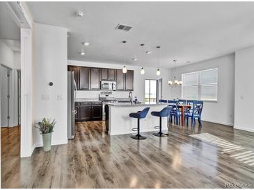 Open kitchen featuring dark cabinetry, granite countertops, stainless appliances, and a breakfast bar with pendant lighting at 4569 Copeland Loop # 203, Highlands Ranch, CO 80126